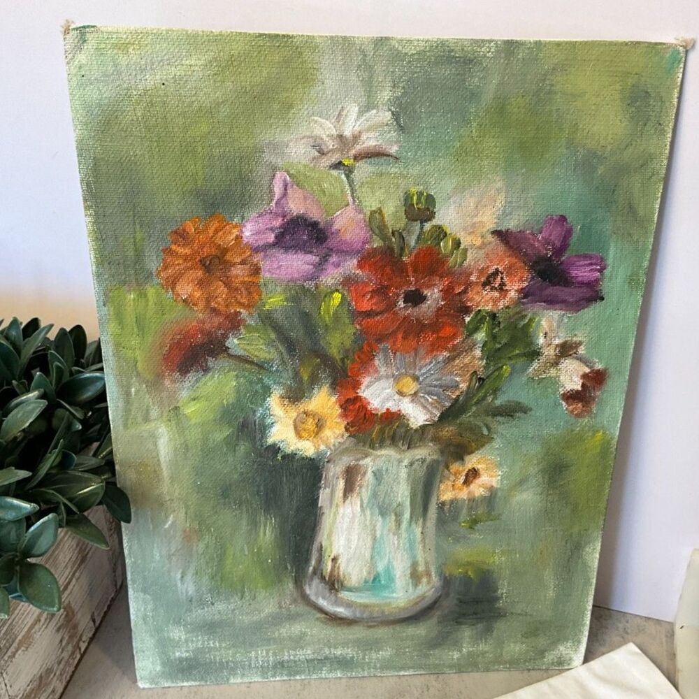Floral oil painting on board, original oil painting of flowers vintage unframed